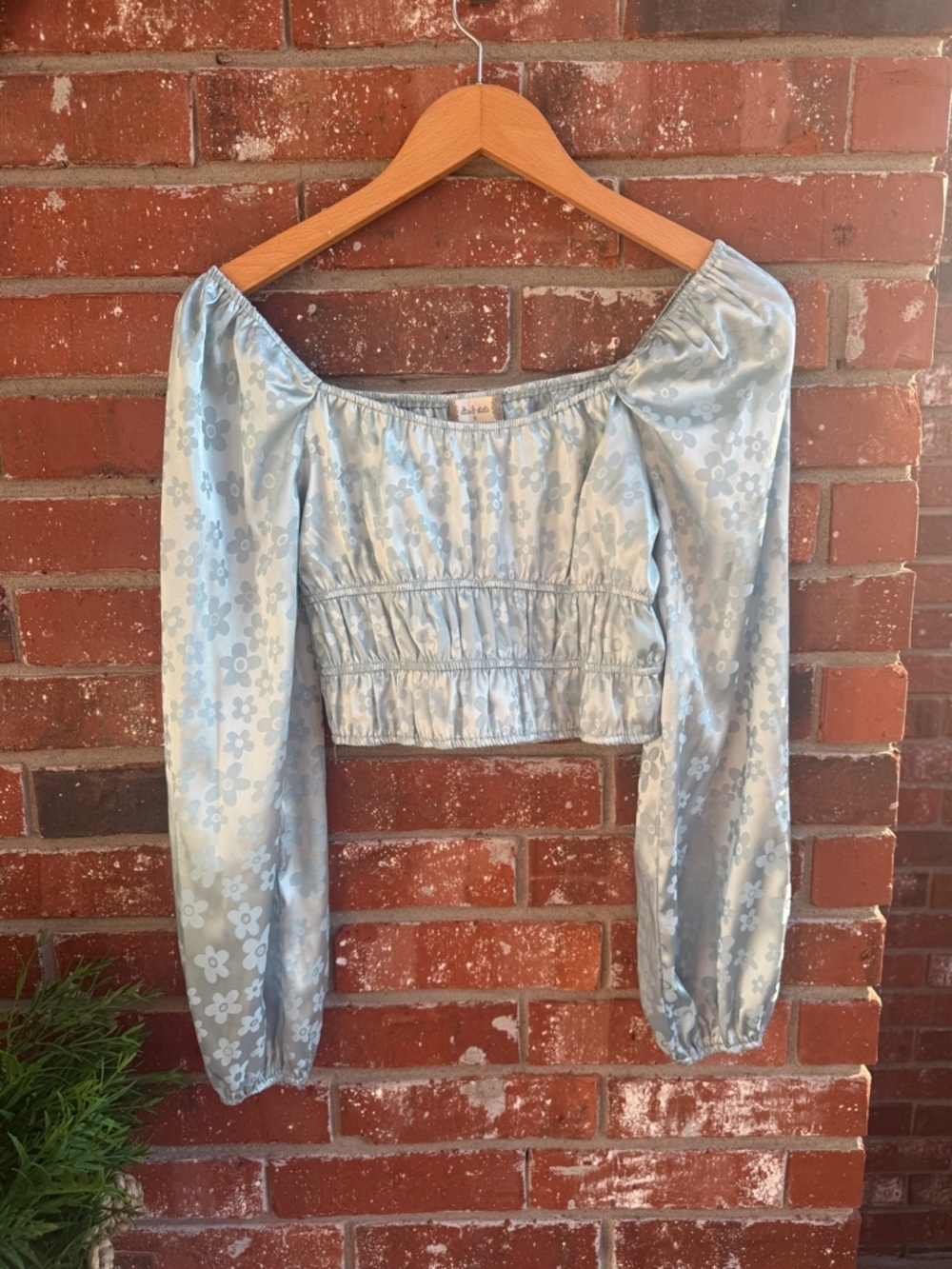 Altar'd State Light Blue Floral Satin Off-Shoulder Crop Blouse